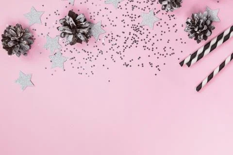 Creative composition with star shaped glitter and other decor. Stock Photos