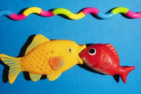 A creative composition of two fish biting each other and a stylized sea, wave Stock-Fotos