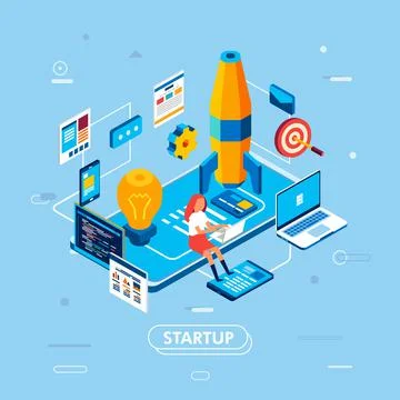 Creative concept of business startup with rocket, women character, laptop, co Stock Illustration