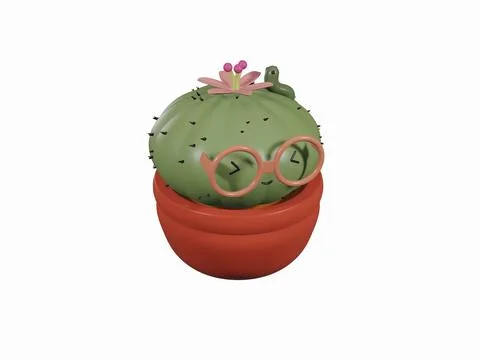 Creative concept of cactus with glasses in flower pot on white background. 3d Stock Illustration