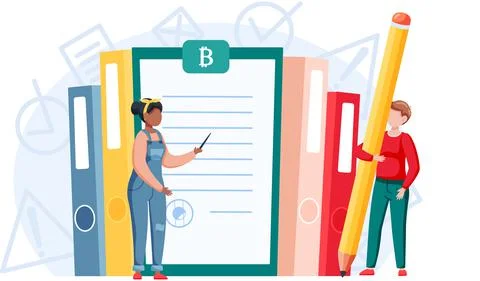 Creative concept of education. Boy student with pencil stands near stack of Stockillustratie