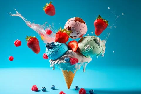 Creative concept of flying ice cream . Ice cream in the air with flying str.. Illustrazione stock