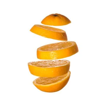 Creative concept with flying orange. Sliced orange isolated on white backgrou Stock Photos