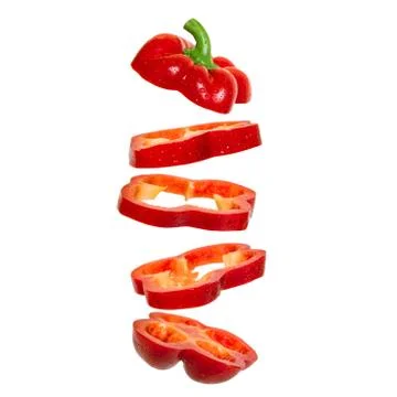 Creative concept with flying red paprika Sliced floating pepper. Levity capsicum Illustrazione stock
