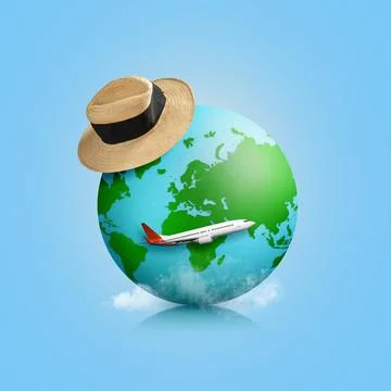 Creative concept of global travel featuring an earth globe wearing a straw .. Stock Photos