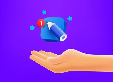 Creative concept. Hand with art app button. 3d vector mobile application icon 스톡 일러스트