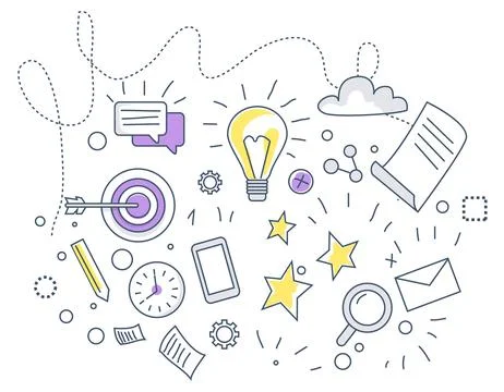 Creative concept illustration with ideas, targets, and goals in yellow, pur.. Stock Illustration