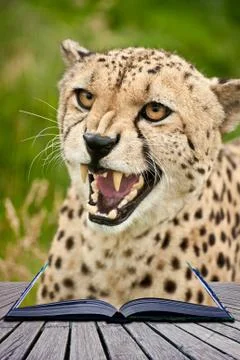 Creative concept image of cheetah in pages of book Illustrazione stock