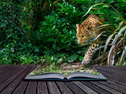 Creative concept image of leopard in pages of book Illustrazione stock