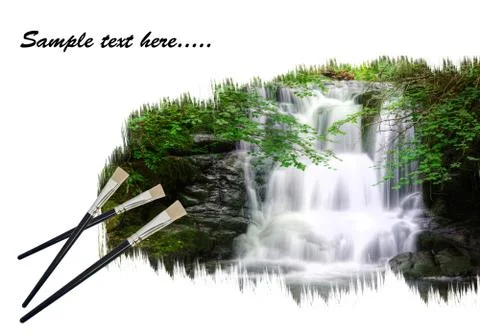 Creative concept image of paint brushes painting waterfall landscape on paper Stock Photos