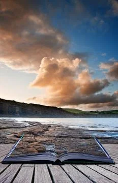 Creative concept image of seascape in pages of book Stock Photos