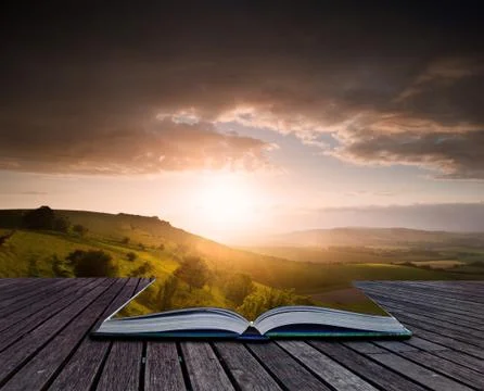 Creative concept image of summer landscape in pages of book Illustrazione stock