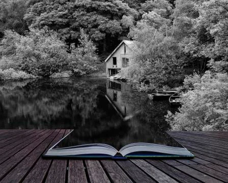Creative concept pages of book black and white retro style picture of derelic Stock-Fotos
