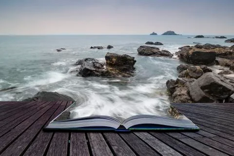Creative concept pages of book rocky shore landscape Stock Photos