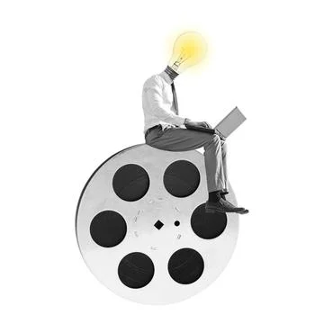Creative concept of a person with a light bulb head sitting on a film reel .. Stock Photos