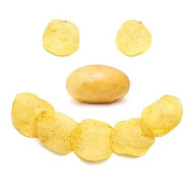 Creative concept with potato chips. The face of a merry clown. Beautiful sm.. Stock Photos