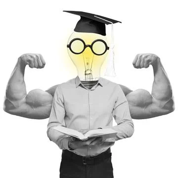 Creative concept of a strong person with a light bulb head wearing a gradua.. Stock Photos
