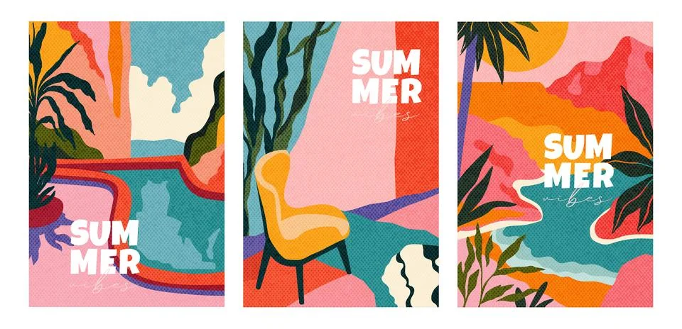 Creative concept of summer bright covers set with abstract tropical leaves Stock Illustration