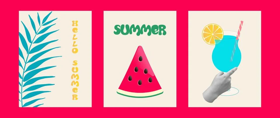 Creative concept of summer posters set. Watermelon, cocktail in hand,palm lea Stock Illustration