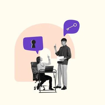 Creative conceptual design. Two employees showing positive cooperation at work 스톡 사진