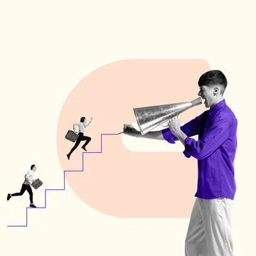 Creative conceptual design. Young man shouting in megaphone to cheer up Stock Photos