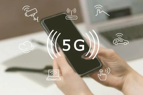 Creative connection background, Hand using mobile smart phone with 5G hologra Stock Photos