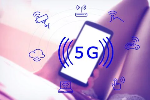 Creative connection background, Hand using mobile smart phone with 5G hologra Stock Photos