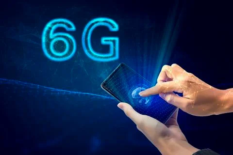 Creative connection background, mobile phone with 6G hologram on the backgrou Stock Photos