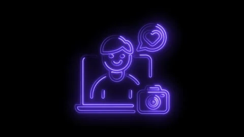 Creative content creator with camera and laptop neon style animation on bla.. Stock Footage 345986786