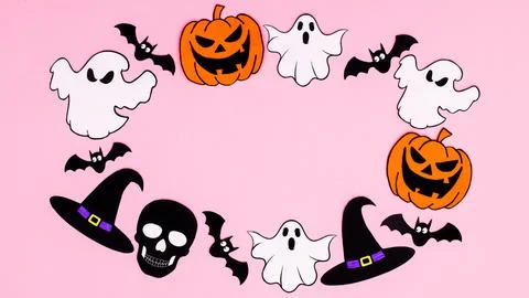 Creative copy space frame with creepy Halloween stickers on pastel pink backg Stock Illustration