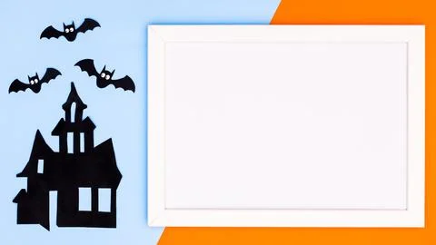Creative copy space frame with horor house and bats on blue and orange backgr Stock Illustration