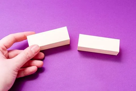 Creative copy space for text on purple background, empty blocks on inscriptio Stock Photos