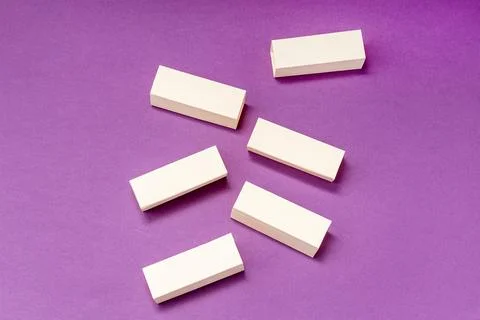 Creative copy space for text on purple background, empty blocks on inscriptio Stock Photos