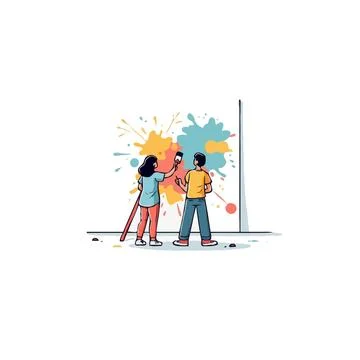 Creative couple joyfully splattering vibrant hues onto a blank canvas symbo.. Stock Illustration
