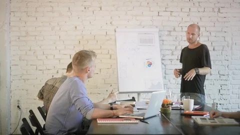 Creative coworkers team is having presentation and activily gesticulate while Stock Footage 91589137