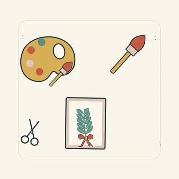 Creative craft table with brushes and paper. Decorative flat vector compositi Stock Illustration