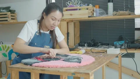 Creative Crafting Session with Colorful Textiles Stockbeeldmateriaal 333448243