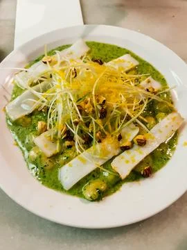 Creative culinary plating that combines textures, colors, and flavor contrasts Stock Photos