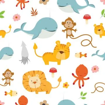 Creative Cute Wild Animals vector pattern 스톡 일러스트