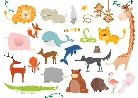 Creative Cute Wild Animals vector illustrations Stock Illustration