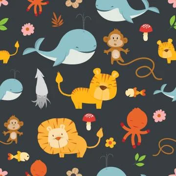 Creative Cute Wild Animals vector pattern イラスト素材