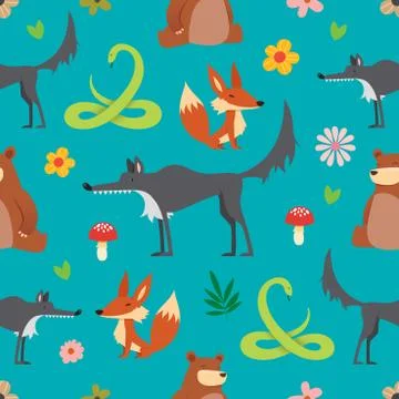 Creative Cute Wild Animals vector pattern Stock Illustration