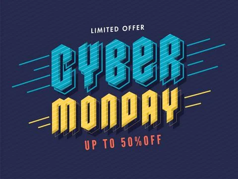 Creative Cyber Monday Text with 50% Discount Offer on Blue Diagonal Lines B.. Stock Illustration