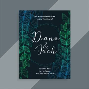 Creative dark wedding invitation template design with line leaves Stock Illustration