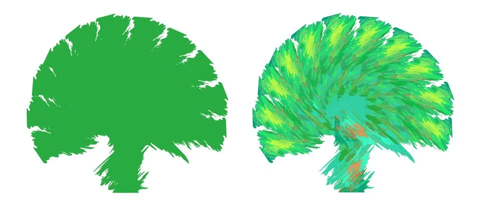 Creative deciduous tree, smears of green, red yellow paint, tree silhouette. Stock Illustration