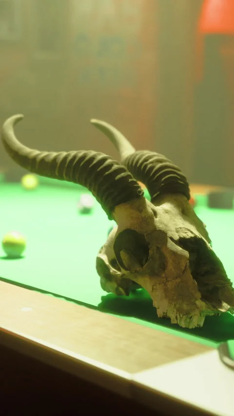 Creative decor featuring a bull skull on a green pool table in a unique bar Stock Footage 327779612