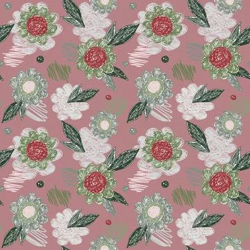 Creative decorative flowers seamless pattern. Doodle botanical texture. Chalk 스톡 일러스트