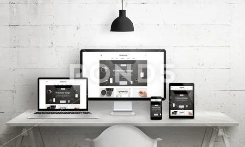 Creative deks scene for web design agency promotion. Modern, clean responsive Stock Photos