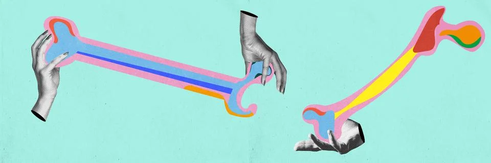 Creative depiction of human bone structure and human hands on min background Stock Photos