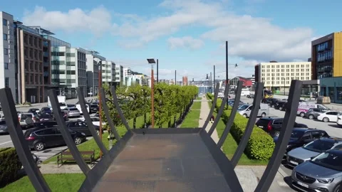 Creative design bronze statue with rotating propeller and fountain in Stock Footage 154990210